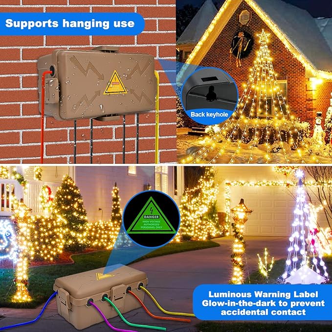 Hrensaw Medium Outdoor Electrical Box(10.6x5.5x4.5inch),Weatherproof Connection Box w/6 Cable Entry,IP54 Waterproof Extension Cord Cover Protect Power Strip,Timer,Plug,Holiday Lights,Brown