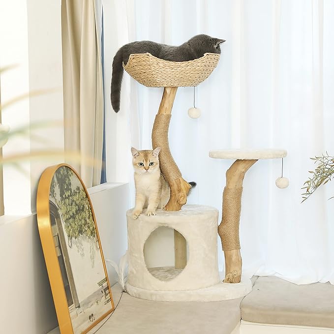 Modern Cat Tree for Indoor Small Cats - Real Wood Cat Tower with Scratch Post, Hiding Enclosure - Unique, Boho,White