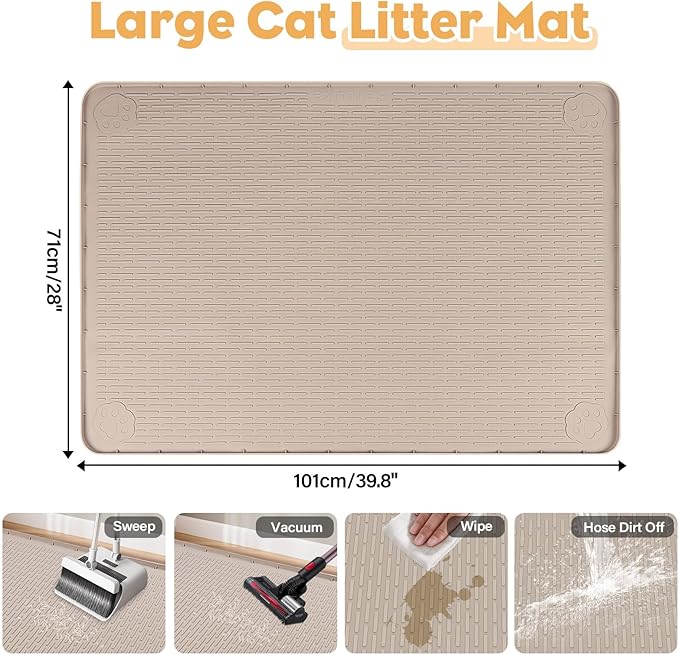 40"x28" Cat Litter Mat Lanstics Cat Mat for Litter Box Large Silicone Litter Box Mat for Kitty Scatter Control Floor Protect (Khaki)