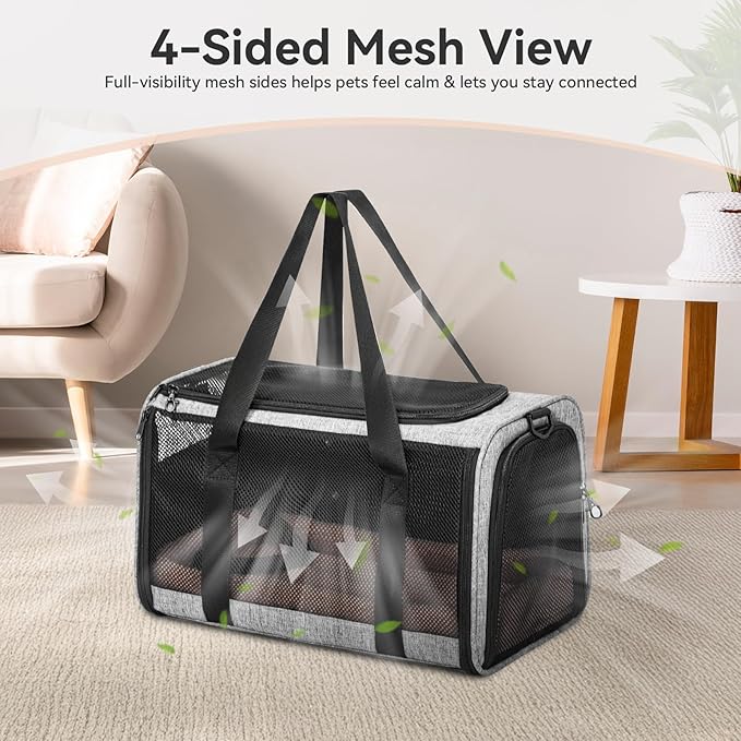 PETSFIT Cat Car Carrier for Small/Medium Cats Dogs, 18"x11"x11" Airline Approved Cat Carrier, with Patent Safety Buckles and Escape-Proof Zipper - Safeguarding Car Travel, Airplane, Vet, Outdoor