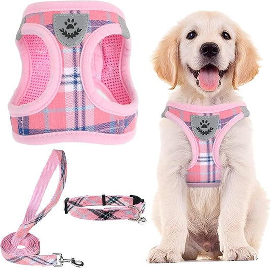 PUPTECK Adjustable Dog Harness Collar and Leash Set Step in No Pull Pet Harness for Small Medium Dogs Puppy and Cats Outdoor Walking Running, Soft Mesh Padded Reflective Vest Harnesses, Pink M