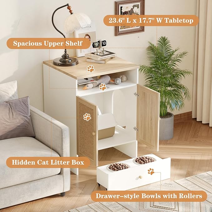 Cat Litter Box Enclosure Furniture, Indoor Wooden Cat Hidden Litter Box Furniture Cabinet with Scratching Board Doors and Feeder Bowls, 23"x17"x32"H