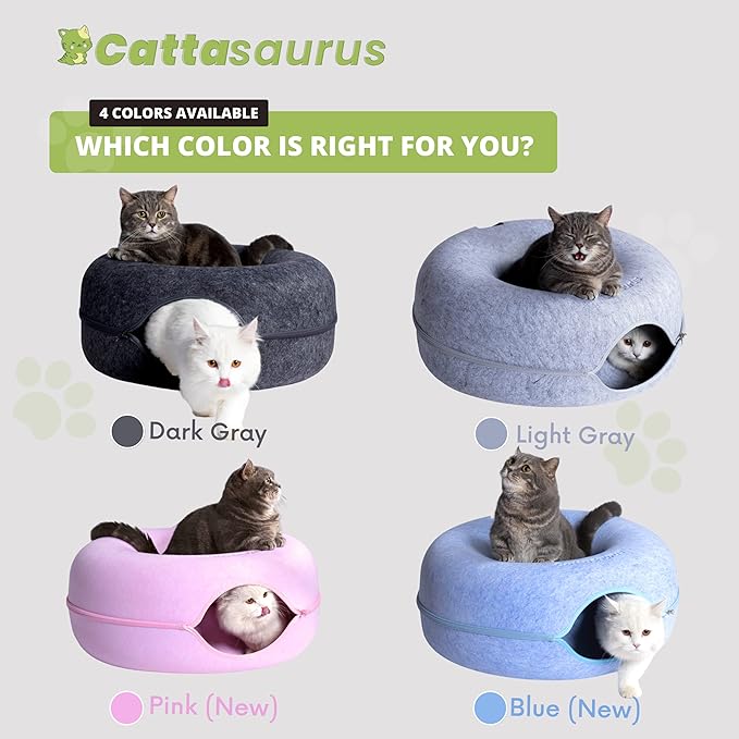 Cattasaurus Peekaboo Cat Cave Donut for Multiple & Large Cats up to 30-45 lbs, 3-in-1 Self Warming Cat Bed, Tunnel & Scratcher for Indoor Cats, Washable & Detachable Small Dog Bed (Pink, Large)