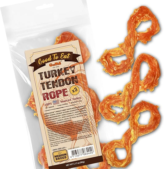 Gootoe Turkey Tendons for Dogs –All-Natural, Hypoallergenic Dog Treats, Rawhide Alternative, Long Lasting Puppy Chews, Healthy Dog Treats for Medium Breeds, Rope (M), 3 Count Pack
