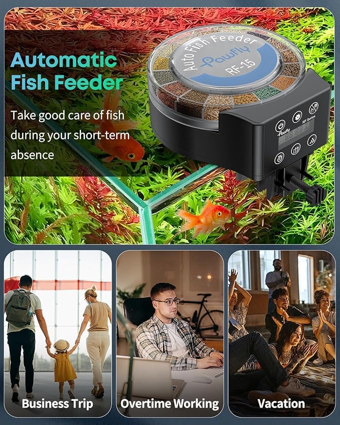 Pawfly Aquarium Automatic Fish Feeder, 108 mL Food Dispenser for Pellets Powder and Granules, Adjustable Timer Feeder for Fish Tank, Battery Powered (Batteries Not Included)