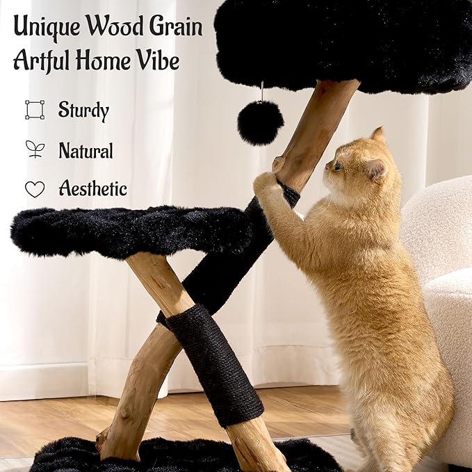 Natural Wood Cat Tree for Indoor Cats Adults, 33in Modern Cat Tree Tower with Super Soft Plush Cat Bed & Perch, Sisal Scratching Posts and Hanging Plush Ball, Sheen Black