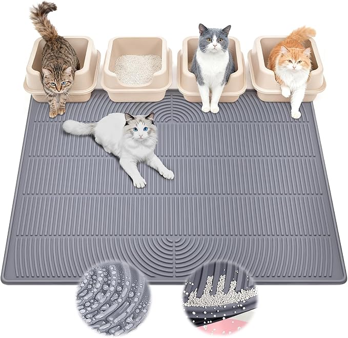 Rubber XXL Cat Litter Mat, 47" x 35" Waterproof Urine Proof Cat Litter Trapping Mat, Easy Clean Litter Box Mat and Anti-Slip Kitty Litter Catcher Mat, Grey