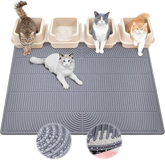 Rubber XXL Cat Litter Mat, 47" x 35" Waterproof Urine Proof Cat Litter Trapping Mat, Easy Clean Litter Box Mat and Anti-Slip Kitty Litter Catcher Mat, Grey