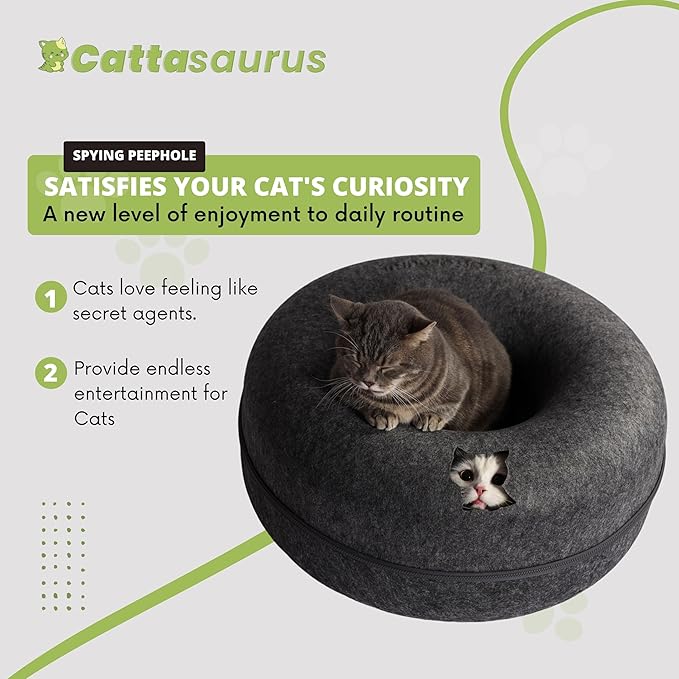 Cattasaurus Peekaboo Cat Cave Donut for Multiple & Large Cats up to 30-45 lbs, 3-in-1 Self Warming Cat Bed, Tunnel & Scratcher for Indoor Cats, Washable & Detachable (Light Gray + Dark Gray, Large)