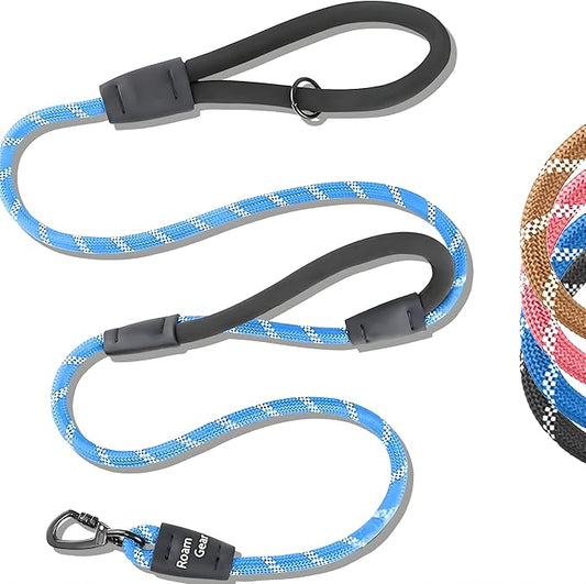 6 Foot Dog Leash, Two Extra Padded Handles, Locking Carabiner Clip, Reflective for Night Visibility, Weatherproof, Heavy Duty Rope Leash, Roam Gear (Blue)