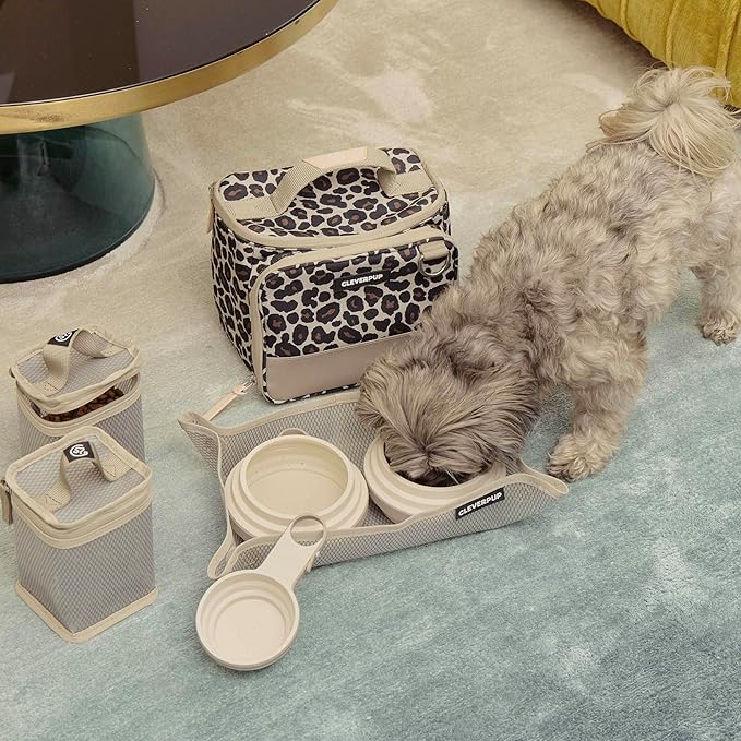 Small 7-Piece Bistro Box Dog Food Travel Kit, 6-Cup Kibble Storage, 2 Silicone Bowls, Mat & Scoop - Premium Portable Pet Food Kit for Weekends, Overnights, Daycare & Camping, Leopard