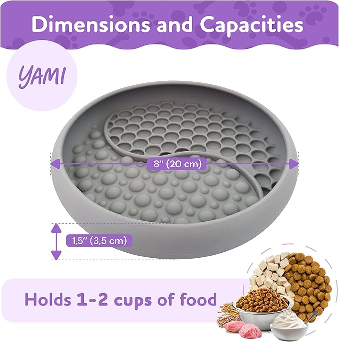 YAMI Bowl Lick Mat for Dogs & Cats, Slow Feeder Bowls, Cat Slow Feeder, Dog Enrichment Toys with Suction Cup for Anxiety Relief, Food-Grade Silicone, Dishwasher Fit, for All Breed (Light Gray)