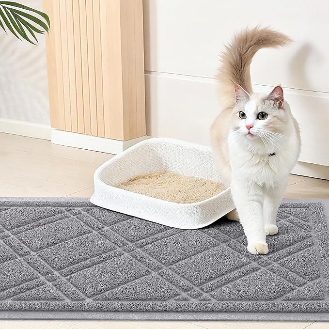 Smiry Cat Litter Box Mat 30x17, Non-Slip Water Resistant Litter Trapping Mat, Easy Clean Less Waste and Urine-Locking Cat Carpet for Indoor, Grey