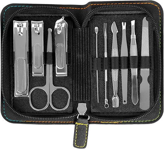 Premium Stainless Steel Nail Clippers Set - Travel Grooming Kit, 10pc Manicure/Pedicure Tools with PU Case - Gift Ideas(C-Black)