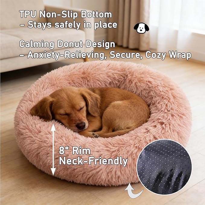 Calming Donut Dog Beds for Small Dogs Cats - Washable Removable Cover Non-Slip Bottom, Round Pet Bed Puppy Bed Warming Fluffy Faux Fur Anti-Anxiety, Fits up to 25 lbs (Blush, 23")