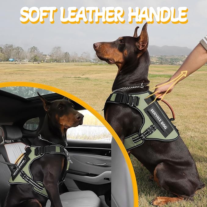 Service Dog Vest - HEYCAHVA Tactical Dog Harness Full Metal Buckles for Large Medium Dog Reflective No Pull Harnesses Vest with Leather Handle, Hook & Loop for Hiking Training(Green, XL)