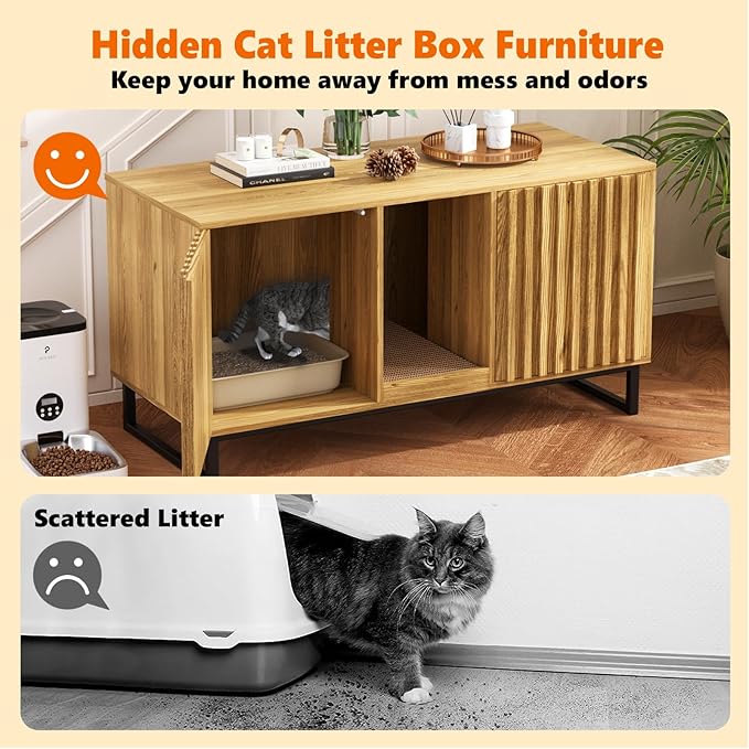 Double Litter Box Enclosure,Modern Cat Litter Box Enclosure for 2 Cats, Hidden Litter Box with Cat Scratch Pad, Cat Washroom Cat House End Table, Entryway Bench for Livingroom (Natural)