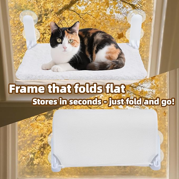 Cat Window Perch, Cordless Foldable Cat Hammock Bed with 4 Suction Cups, Embeded Machine Washable Bed for Indoor Cats, Strong Metal Frame Holds 40lbs (Beige, Two Pieces)