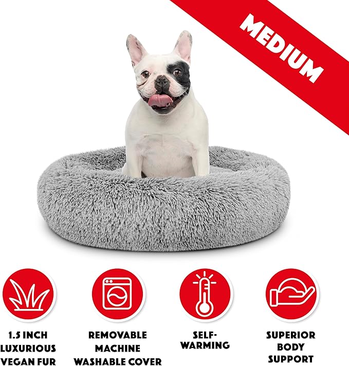 The Dog’s Bed Sound Sleep Donut Dog Bed, Medium Silver Grey Fur Calming Nest Bed, Veterinary Approved