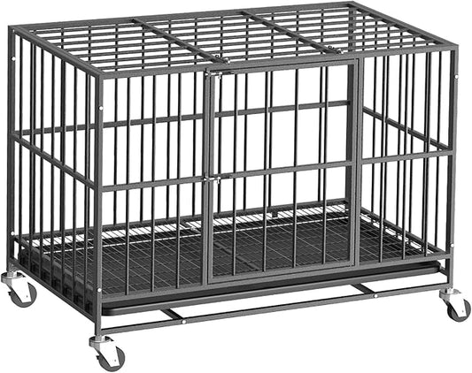 Heavy Duty Dog Crate 42 Inch, Indestructible Dog Crate with Removable Tray, Escape Proof & High Anxiety Dog Kennel Indoor, Metal Dog Cage with Wheels for Large Dogs, XL XXL XXXL