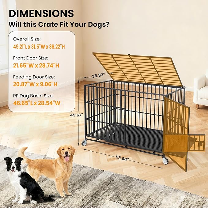 Garvee 49 Inch Heavy Duty Dog Crate, Metal Escape Proof Dog Kennel Indoor with 3 Doors, Removable Tray, Extra Large Dog Cage with Wheels for Large and Medium Dogs, Black