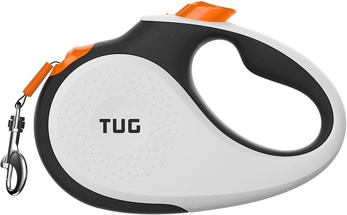 TUG XL 360° Tangle-Free Retractable Dog Leash with Anti-Slip Handle | 26 ft Strong Nylon Tape | One-Handed Brake, Pause, Lock (Extra Large, White/Orange)