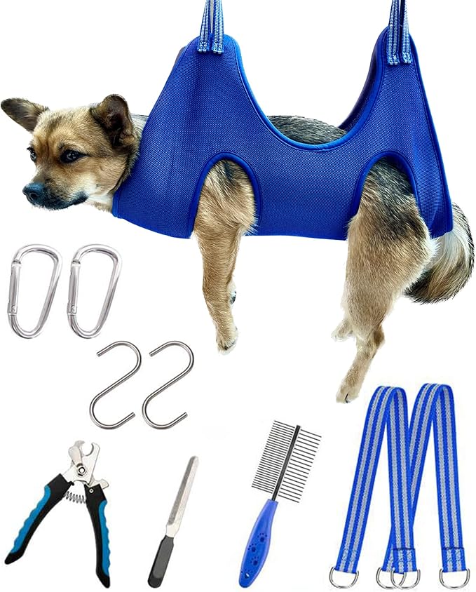 10 in 1 Dog Pet Grooming Hammock Harness with Nail Clippers/Trimmer, Dog Hammock for Nail Trim, Grooming Sling Hanger for Nail Trimming/Clipping (S/Under 30lb, Blue)