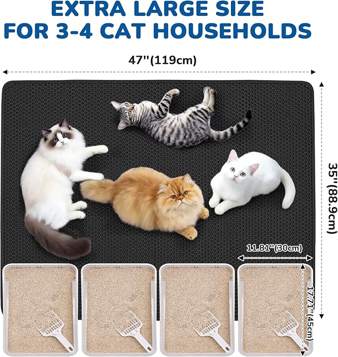 BurgeonNest Cat Litter Mat 47" x 35" Upgraded Felt & Fabric Material Cat Trapping Mat for Fewer Creases, Extra Large Hold 3-4 Litter Boxes Urine-Proof Non-Slip, Machine Washable, Soft on Paws, Black