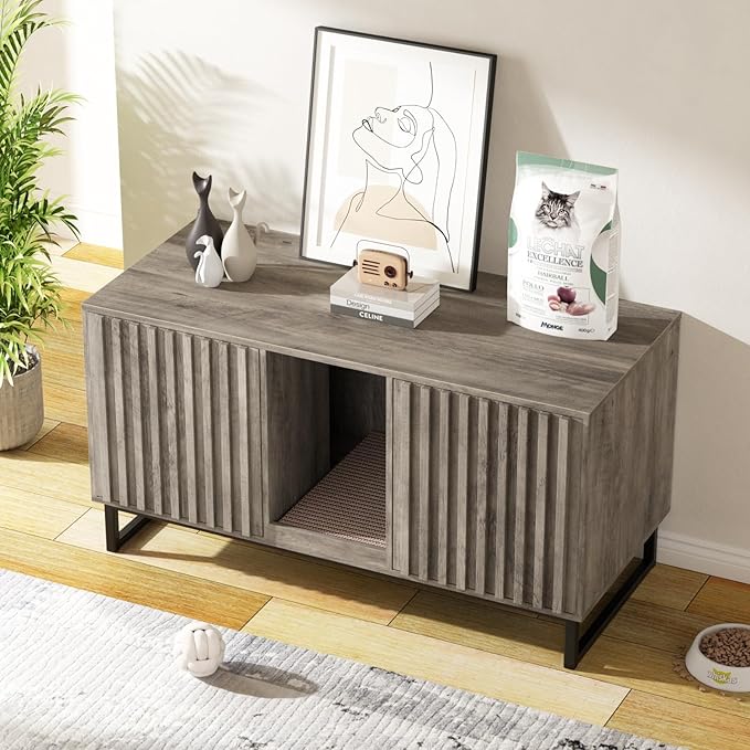 Double Litter Box Enclosure,Modern Cat Litter Box Enclosure for 2 Cats, Hidden Litter Box with Scratch Pad, Cat Washroom Pet House End Table, Entryway Bench for Livingroom (Gray)