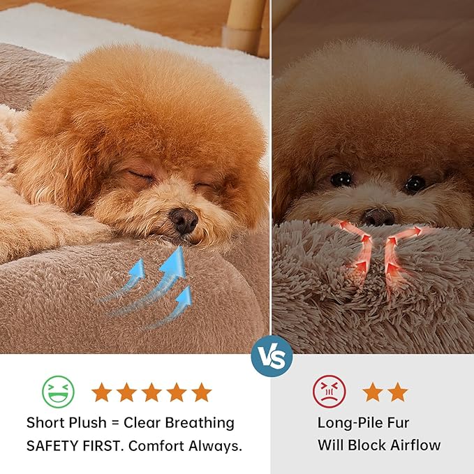 OhGeni 24 inches Calming Donut Dog & Cat Bed for Small Pets, Warming Comfort Fluffy Short Pile Fur, Durable Machine Washable Round Bed, Cute Round Bed for Puppy and Kitten, Camel