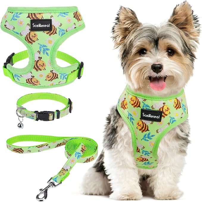 SCENEREAL Small Dog Harness and Leash Collar Set - No Pull Dog Harness for Small & Medium Sized Dogs - Soft Mesh Vest for Puppies, Chihuahua, Yorkie, Spring Summer Hiking Walking, Green Bee S