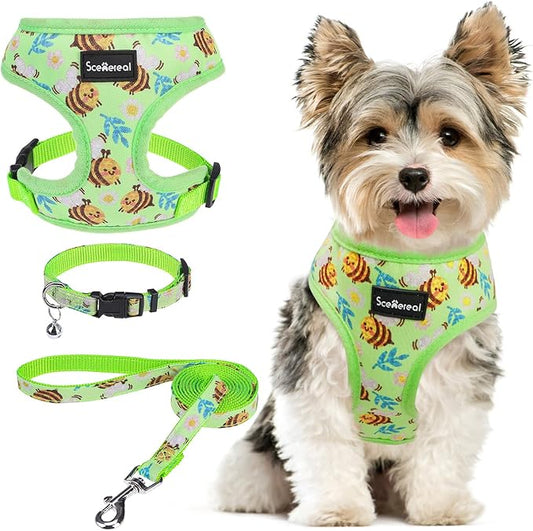 SCENEREAL Small Dog Harness and Leash Collar Set - No Pull Dog Harness for Small & Medium Sized Dogs - Soft Mesh Vest for Puppies, Chihuahua, Yorkie, Spring Summer Hiking Walking, Green Bee XS