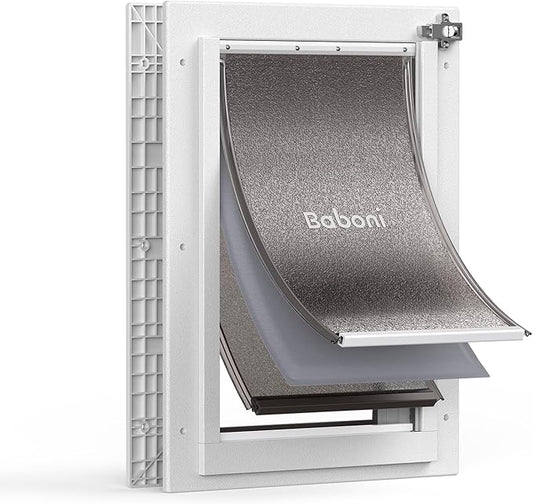 Baboni 3-Flaps Pet Door for Interior and Exterior Doors, Durable Plastic Frame and Telescoping Tunnel, Aluminum Lock/Metal Panel, Strong Magnetic Flaps, Never Rust Dog Door (Pets Up to 40 Lb) -Medium