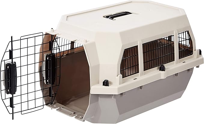 Amazon Basics Hard-Sided Dog and Cat Kennel Single-Door Travel Pet Carrier with Metal Wire Ventilation, 23.6" L x 15.7" W x 13.0" H, Beige