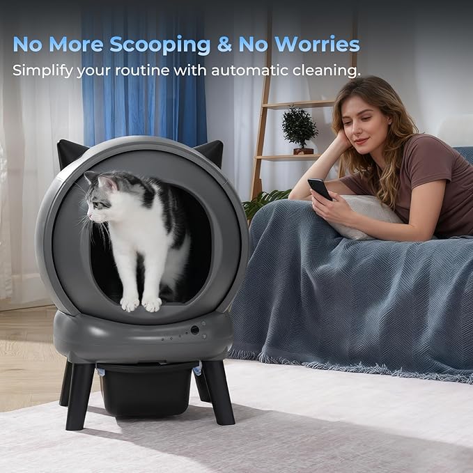 Self Cleaning Litter Box for Cats, Automatic Cat Litter Box with Smart APP Control and Health Monitoring, Includes 2 Roll Trash Bag & Litter Mat, Grey