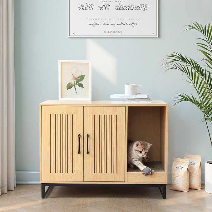 Litter Box Enclosure, Cat Litter Box Furniture with Scratching Mat, Large Hidden Litter Box Furniture Pet House, Wooden Cat Washroom Indoor, End Side Table for Hallway (Landing)