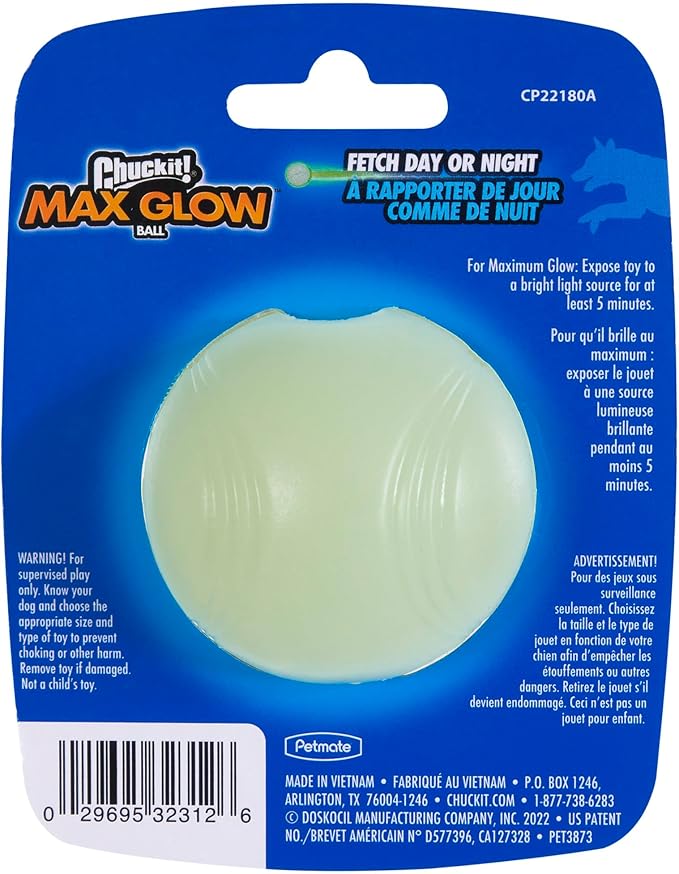 Chuckit! Glow in the Dark Bouncy Balls - Ball for Dogs, Chuckit Dog Toy, Max Glow Balls - Small, 2 Inch, Pack of 1