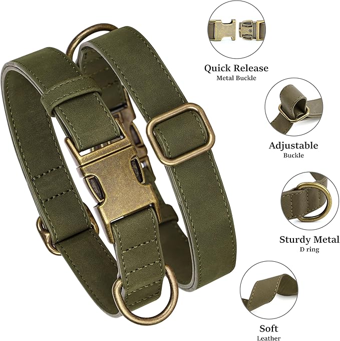 Didog Soft PU Leather Dog Collar, Stylish Quick Released Dog Collars for Medium Dogs, Easy Clean Adjustable Pet Collar for Daily Walking, Dark Green, M Fit 13-21" Neck