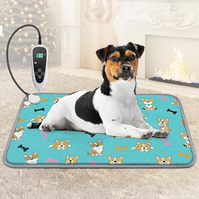 Dog Heating Pad 28×18 in Waterproof Heated Dog Bed,Smart Thermostat Switch with Normally Open On Function,Puppy Heating Pad with Metal Protective Tubes Added-Blue