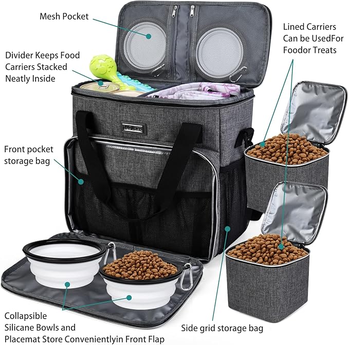 BAGLHER Dog Travel Bag, Pet Travel Bag (ALL Pet Travel Supplies), With 2 Pet Food Containers and 2 Collapsible Silicone Bowls; Essential Kits for Pet Travel Grey