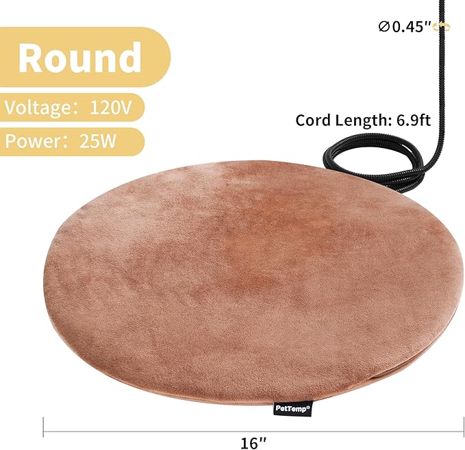 Heated Pet Pad for Dogs and Cats, Waterproof Heating Mat with Chew-Resistant Cord, Constant Warmth for Indoor & Covered Outdoor Use, Multiple Sizes and Colors (Brown, R: 16" × 16" × 1.3")
