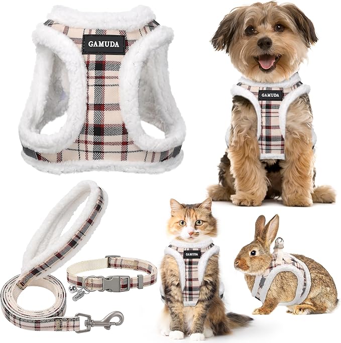 GAMUDA Small Dog Harness Collar and Leash Set, Step in No Chock No Pull Soft Mesh Adjustable Dog Vest Harnesses Plaid Reflective for Dogs Puppy Cats Kitten Rabbit (Warm Beige, S)