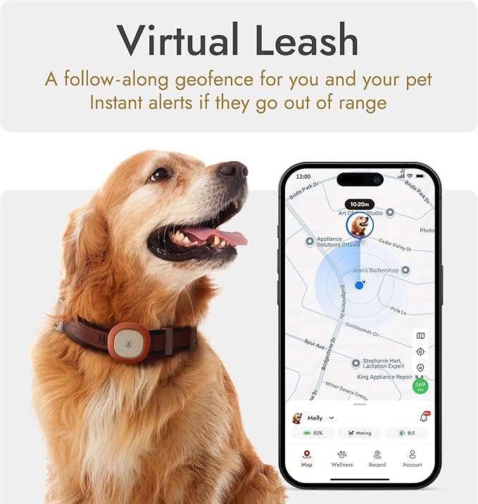 Molly&Cody GPS + Bluetooth Pet Tracker for Cats & Dogs – Real‑Time Tracking, Virtual Fence, IP67 Waterproof, Up to 60‑Day Battery, Health Monitoring, iOS/Android – Subscription Required (White)