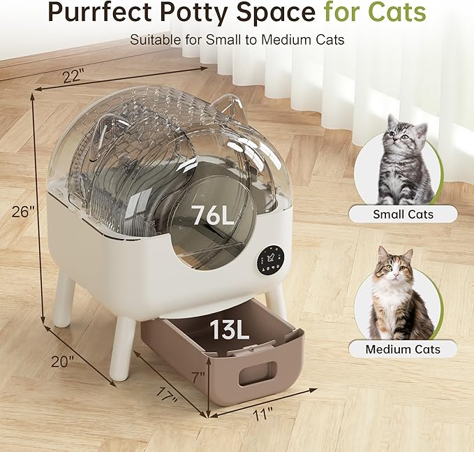 Greesum 76L Large Capacity Fully Enclosed Automatic Litter Box, Cat Ear Design with Garbage Bags Aroma Box and Brush for Multi - Cat Families (Brown)