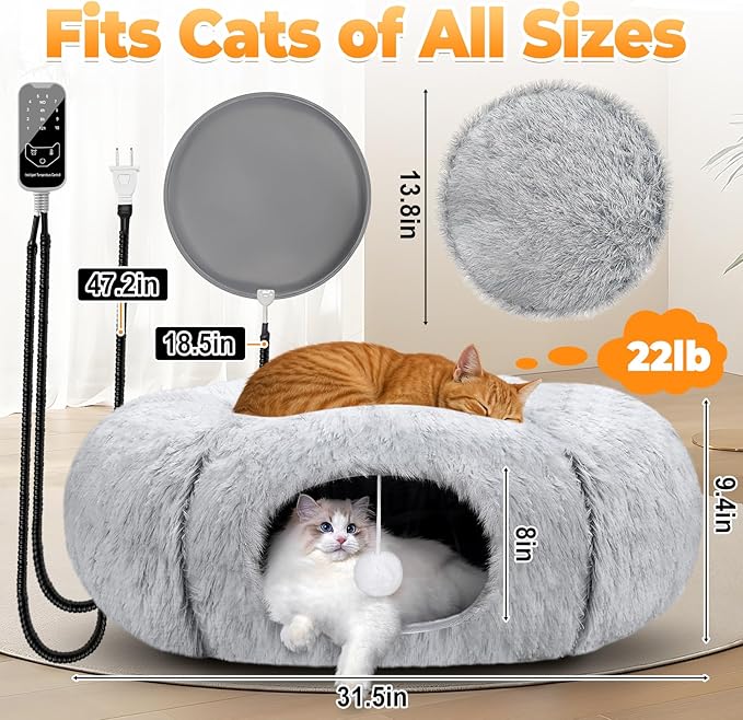 Heated Cat Bed Indoor – 31.5'' Cozy Warming Donut Cat Tunnel Bed with Timer & Temp Adjustable, Removable Waterproof Electric Heating pad, Play & Rest in One, Treat Your Kitty to Warmth & Fun