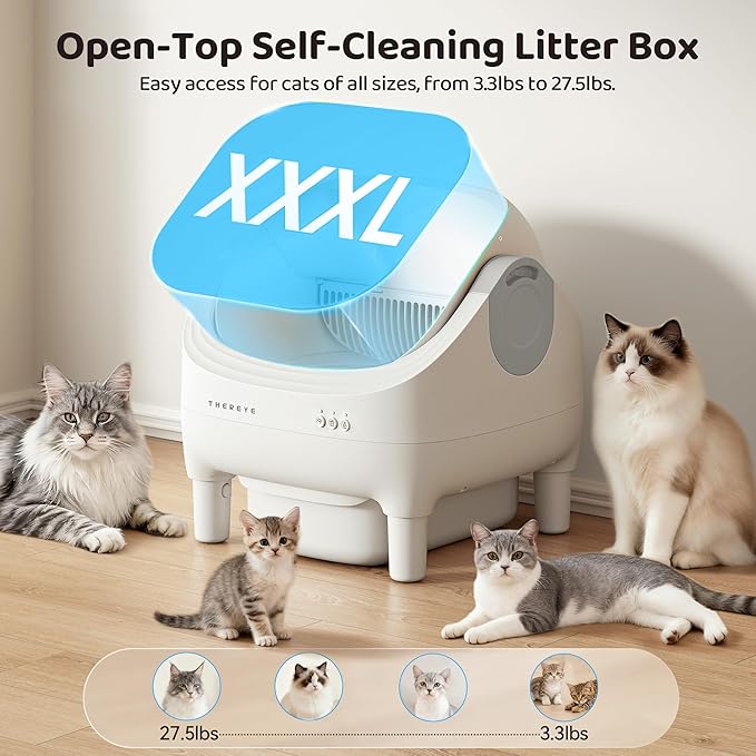 Thereye Self Cleaning Cat Litter Box, Open-Top Automatic Litter Box with APP Control, Safety Sensor and 10L Large Waste Bin, Smart Kitty Litter Boxes with Trash Bags and Mat for Multiple Cats