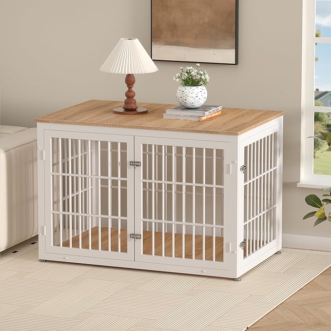 48 Inch Heavy Duty Dog Crate Furniture for Large Dogs, Decorative Pet House End Table, Extra Large Wooden Cage Kennel Furniture Indoor, Natural and White