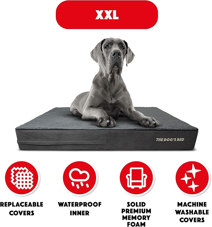 The Dog’s Bed Orthopedic Memory Foam Dog Bed, XXL Grey Plush, Pain Relief for Arthritis, Hip & Elbow Dysplasia, Post Surgery, Lameness, Supportive Calming Waterproof Washable Cover Veterinary Approved