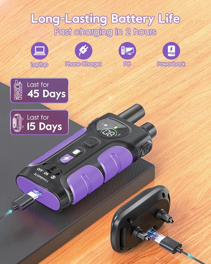 SLOPEHILL Dog Shock Collar,4200FT Dog Training Collar with Remote,IPX8 Waterproof E-Collar with Beep,Vibration,Shock,Flashing Light,No Shock Model,Electric Shock Collar for Dogs,Purple 2PCS