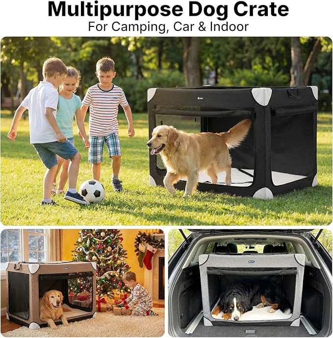 Veehoo Extra Large Dog Crate for Indoor Outdoor, Portable Collapsible Travel Dogs Crate, 48 Inch Soft Foldable Pet Kennel with 4-Door Mesh Windows